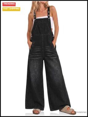 Womens Bib Denim Overalls Adjustable Straps Flared Jean Jumpsuit
